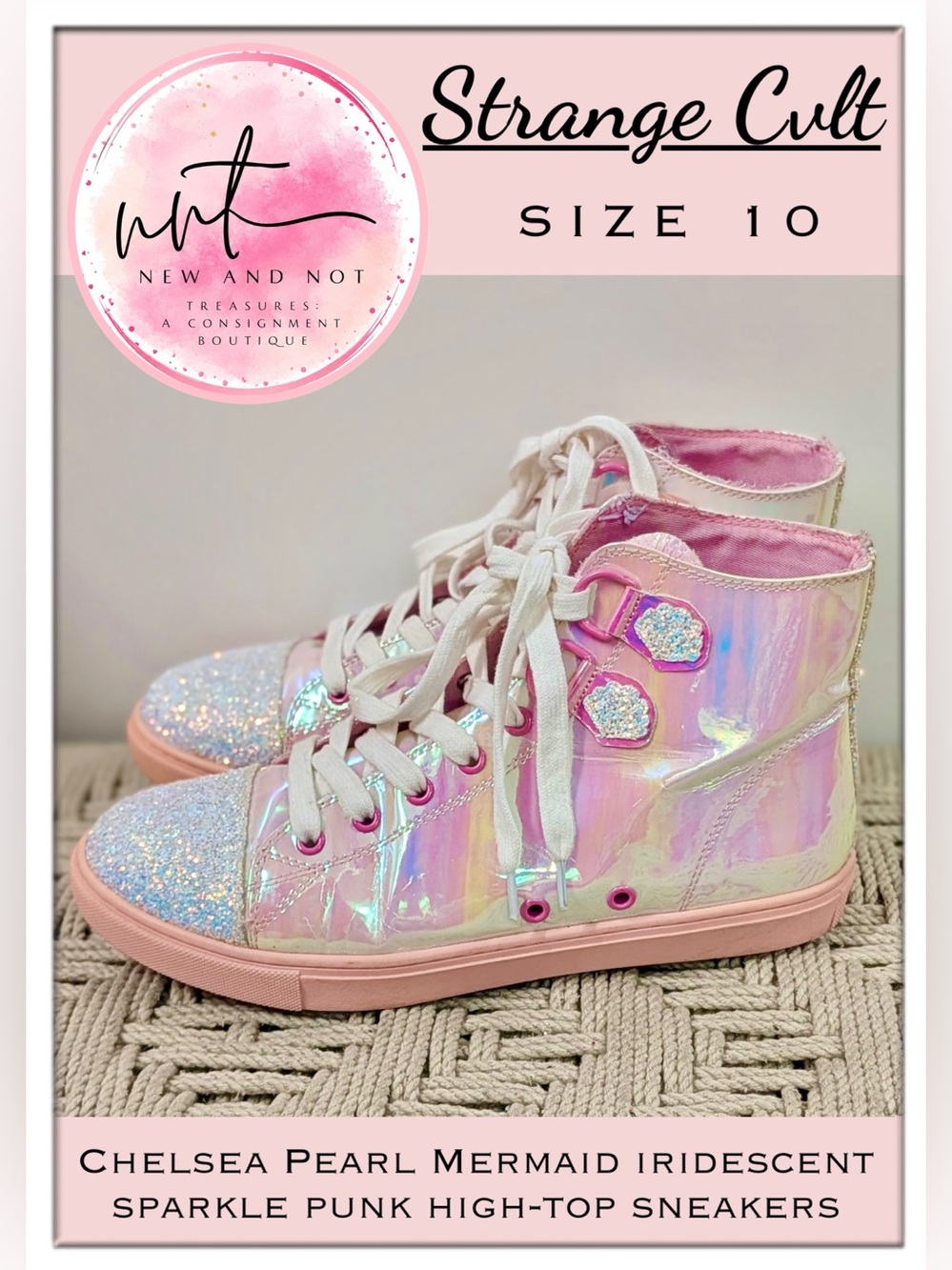 ✨YRU x Strange Cvlt Chelsea Pearl Mermaid Iridescent High Top Sneakers WMN’s 10